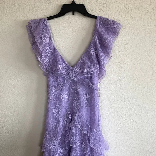 Sweet Lilac  V-neck Lace Long Prom Dresses A-line Backless Evening Gowns ED02228