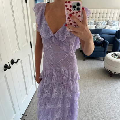 Sweet Lilac  V-neck Lace Long Prom Dresses A-line Backless Evening Gowns ED02228