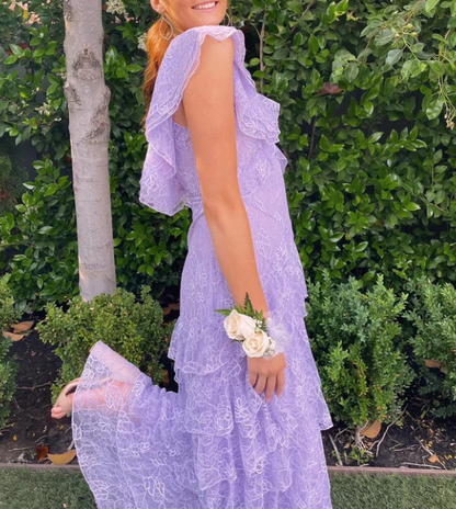 Sweet Lilac  V-neck Lace Long Prom Dresses A-line Backless Evening Gowns ED02228