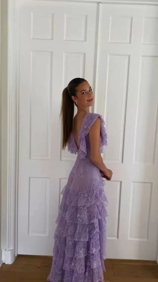 Sweet Lilac  V-neck Lace Long Prom Dresses A-line Backless Evening Gowns ED02228