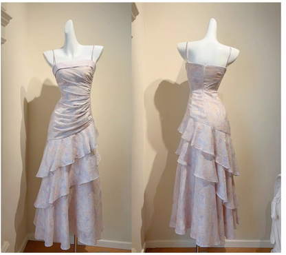 Fairytale Pink Spaghetti Straps Long Prom Dress Formal Dresses Chiffon Ruffles Layered Stunning 18th Birthday Party Dresses