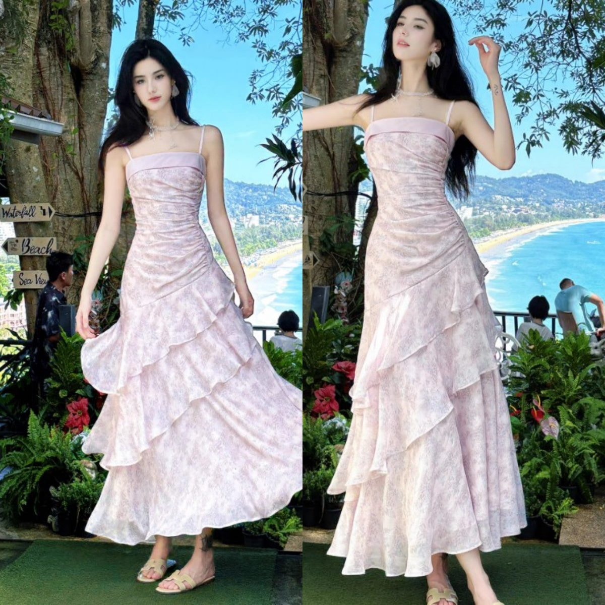 Fairytale Pink Spaghetti Straps Long Prom Dress Formal Dresses Chiffon Ruffles Layered Stunning 18th Birthday Party Dresses
