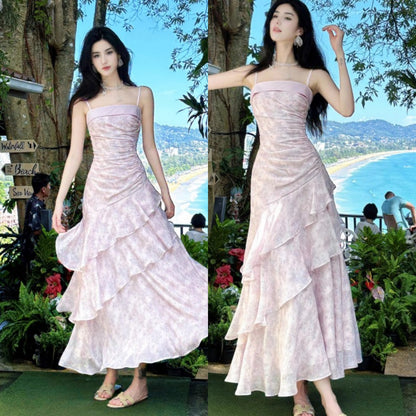 Fairytale Pink Spaghetti Straps Long Prom Dress Formal Dresses Chiffon Ruffles Layered Stunning 18th Birthday Party Dresses