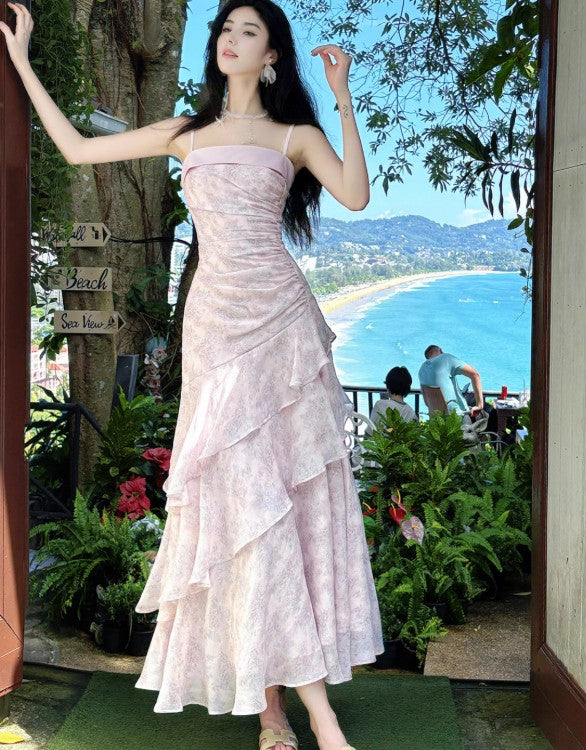 Fairytale Pink Spaghetti Straps Chiffon Ruffles Layered Fashion Prom Dresses ED02230