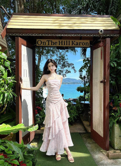 Fairytale Pink Spaghetti Straps Chiffon Ruffles Layered Fashion Prom Dresses ED02230