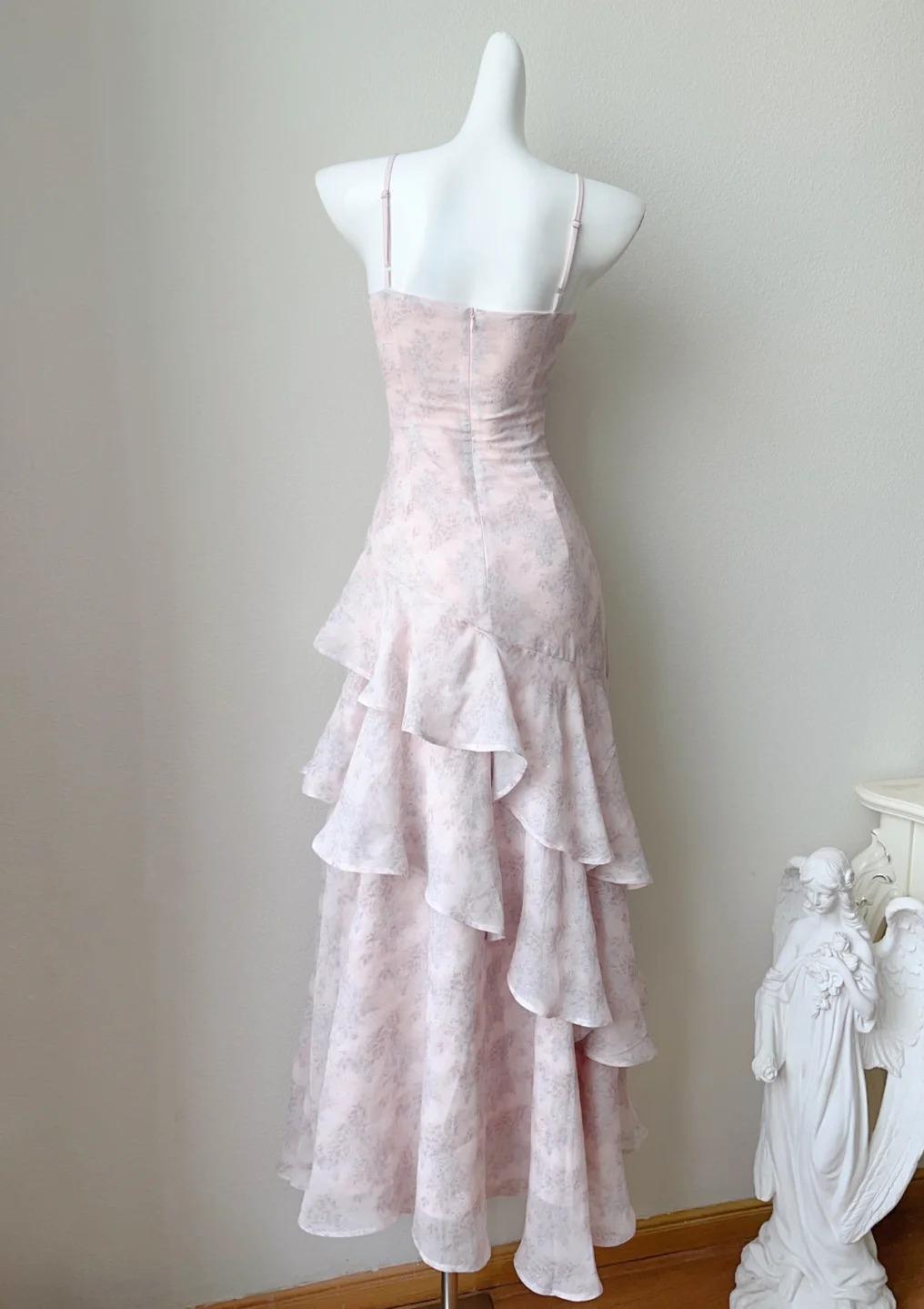 Fairytale Pink Spaghetti Straps Chiffon Ruffles Layered Fashion Prom Dresses ED02230