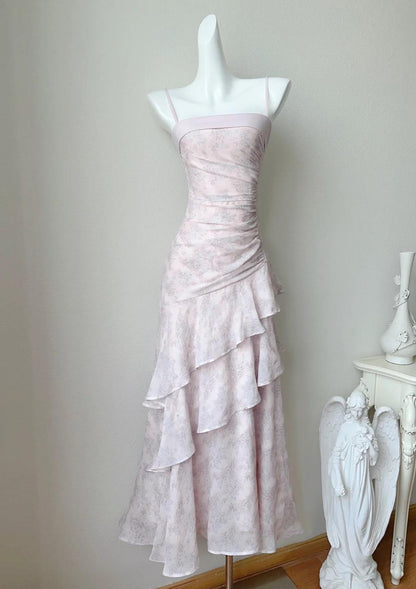 Fairytale Pink Spaghetti Straps Chiffon Ruffles Layered Fashion Prom Dresses ED02230
