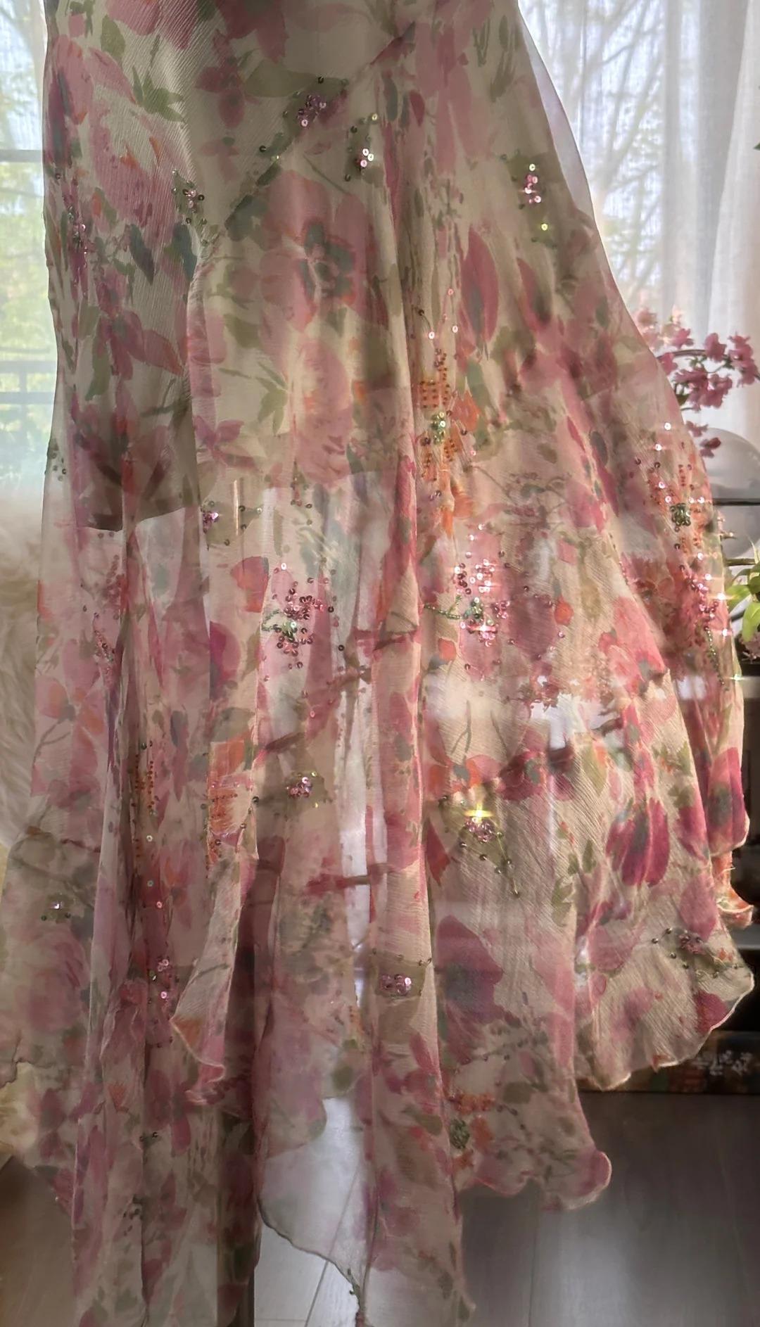 Gentle Printed Chiffon Sequin Mermaid Formal Dresses Spaghetti Strap Vintage Evening Dress