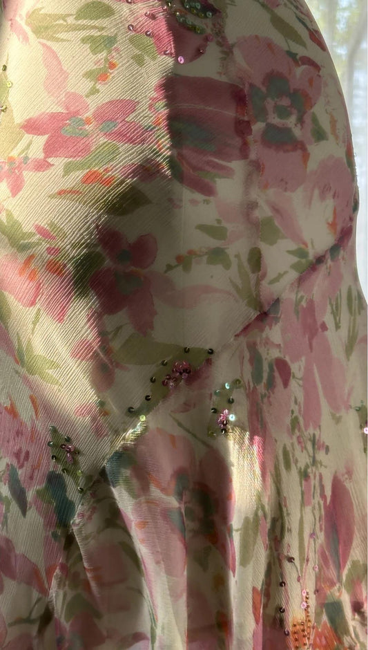 Gentle Printed Chiffon Sequin Mermaid Formal Dresses Spaghetti Strap Vintage Evening Dress
