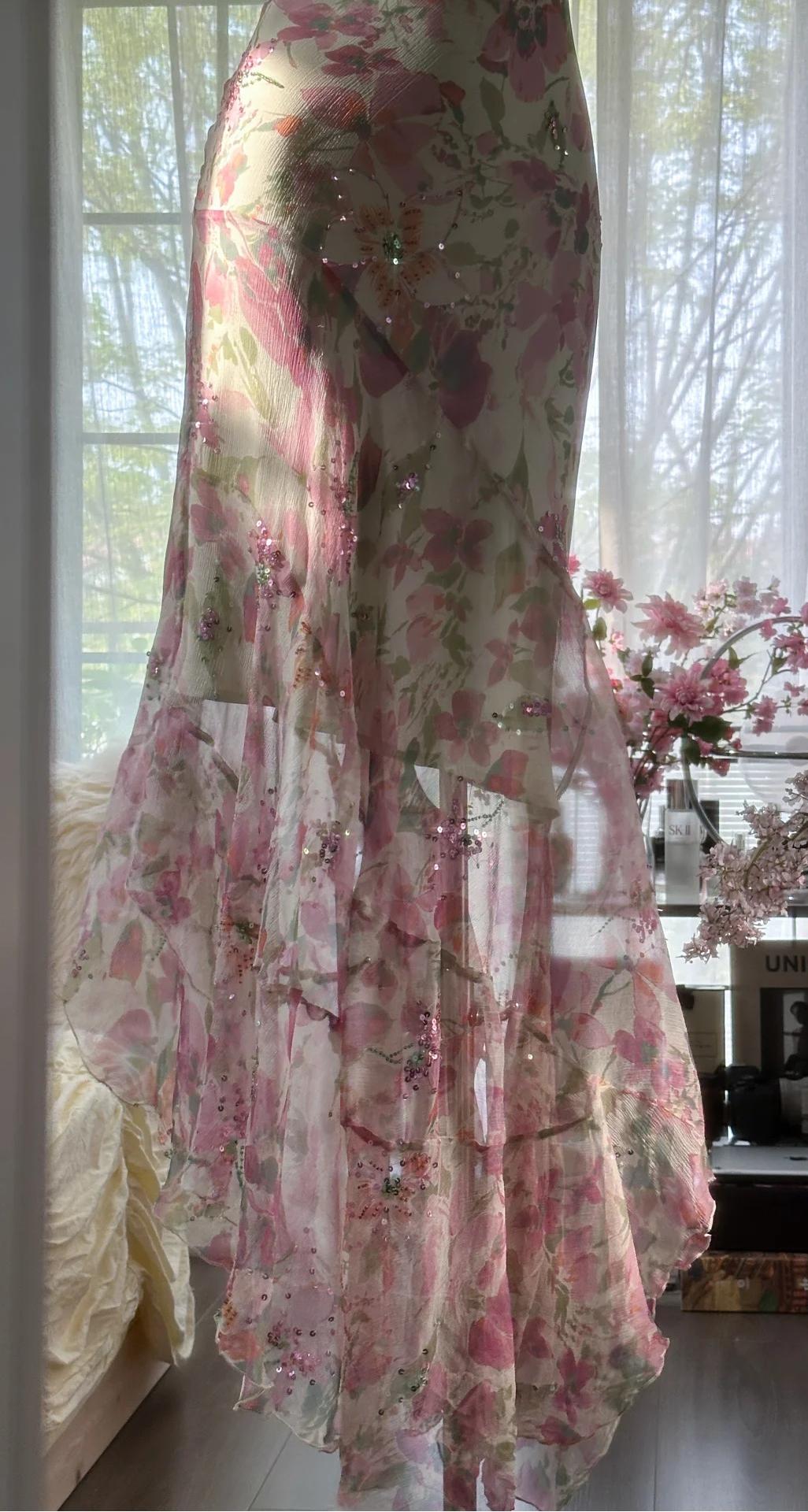 Gentle Printed Chiffon Sequin Mermaid Formal Dresses Spaghetti Strap Vintage Evening Dress