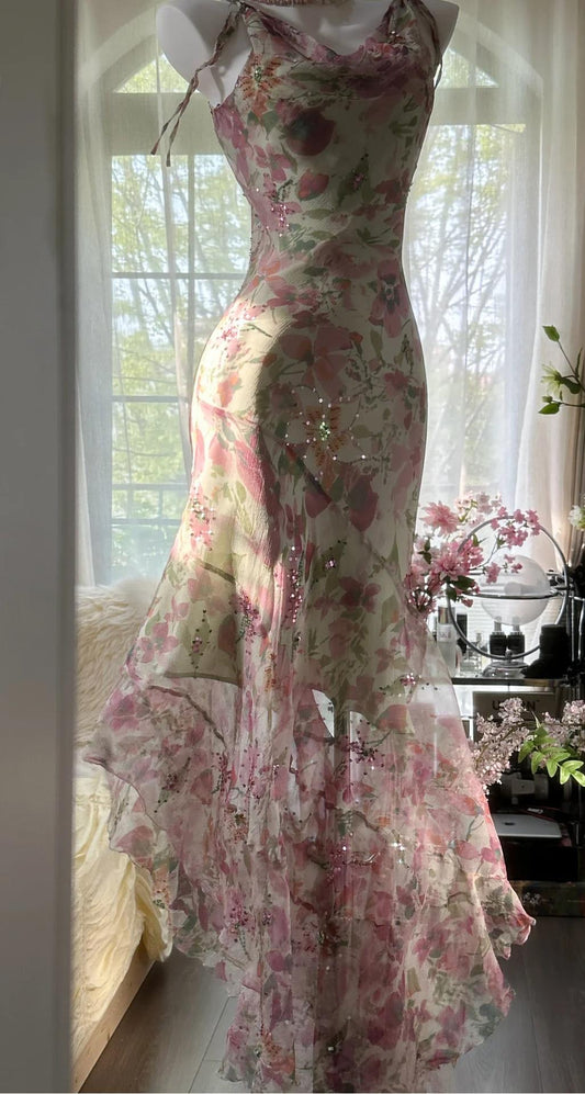 Gentle Printed Chiffon Sequin Mermaid Formal Dresses Spaghetti Strap Vintage Evening Dress