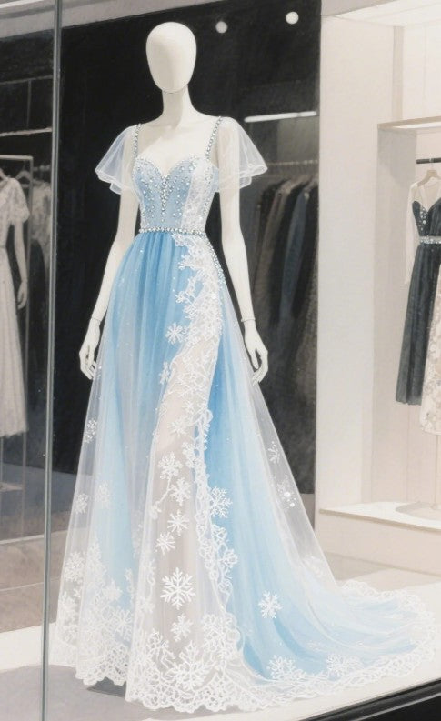 Robe de mariée trapèze bleu ciel, décolleté en cœur, tulle, dentelle et perles, longue robe de bal ED02233