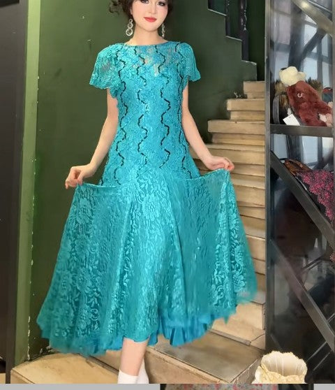 Vintage Türkis Rundhals Spitze Chiffon A-Linie Partykleid ED02235