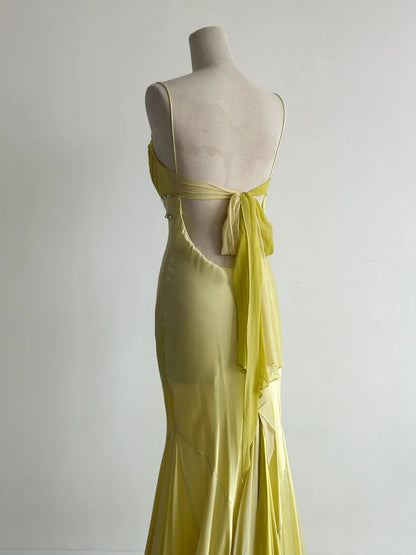 Butter Yellow Formal Dresses Spaghetti Straps Satin Mermaid Long Prom Dresses ED02236