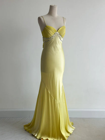 Butter Yellow Formal Dresses Spaghetti Straps Satin Mermaid Long Prom Dresses ED02236