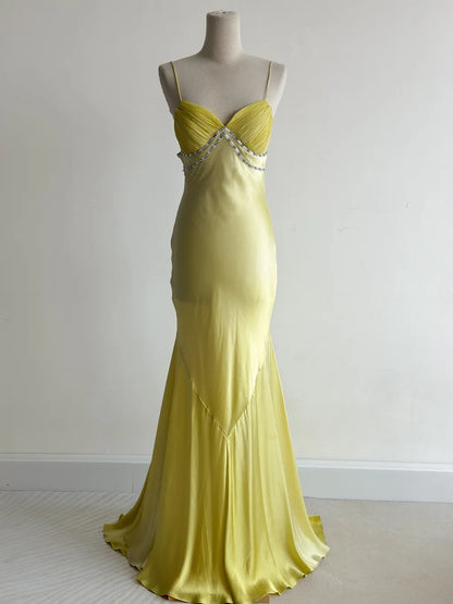 Butter Yellow Formal Dresses Spaghetti Straps Satin Mermaid Long Prom Dresses ED02236