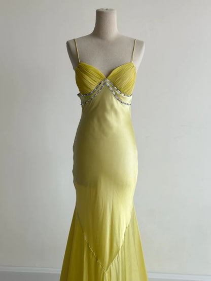 Butter Yellow Formal Dresses Spaghetti Straps Satin Mermaid Long Prom Dresses ED02236