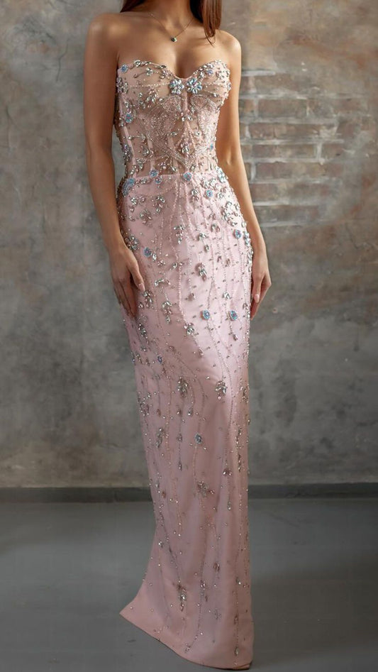 Sweet Pink Sweetheart Neck Beaded Chiffon Sheath Prom Dresses Formal Evening Dress ED02238