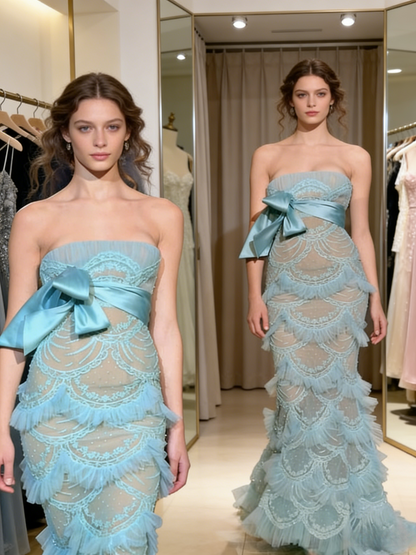 Gorgeous Sky Blue Tulle Strapless Layered Mermaid Prom Dresses Elegant Formal Evening Dresses ED02239