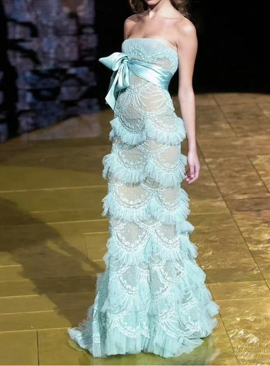 Gorgeous Sky Blue Tulle Strapless Layered Mermaid Prom Dresses Elegant Formal Evening Dresses ED02239