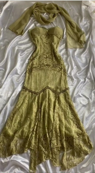 Vintage Spaghettiträger Meerjungfrau Spitze Chiffon Ballkleider mit Perlenbesatz ED02241
