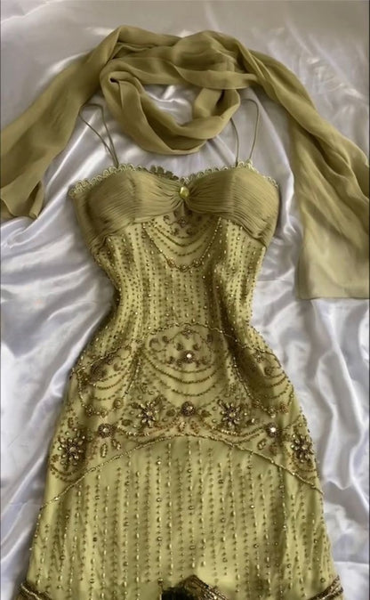 Vintage Spaghetti Straps Mermaid Lace Chiffon Prom Dresses with Beading ED02241