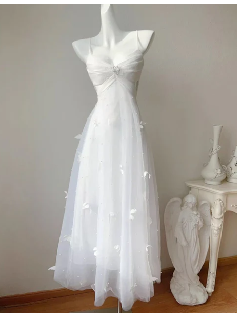 Fairytale Pearl Butterfly Tulle White  French A-Line Spaghetti Straps Birthday Dresses  ED02242