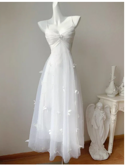 Fairytale Pearl Butterfly Tulle White  French A-Line Spaghetti Straps Birthday Dresses  ED02242