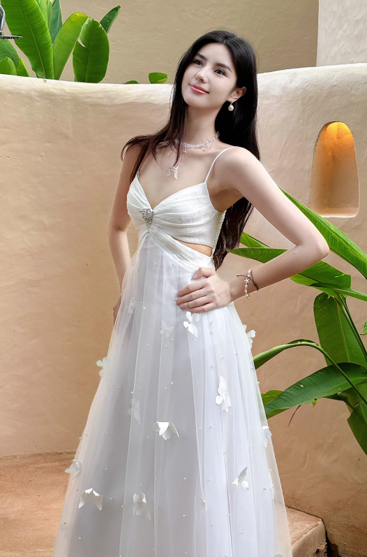 Fairytale Pearl Butterfly Tulle White  French A-Line Spaghetti Straps Birthday Dresses  ED02242