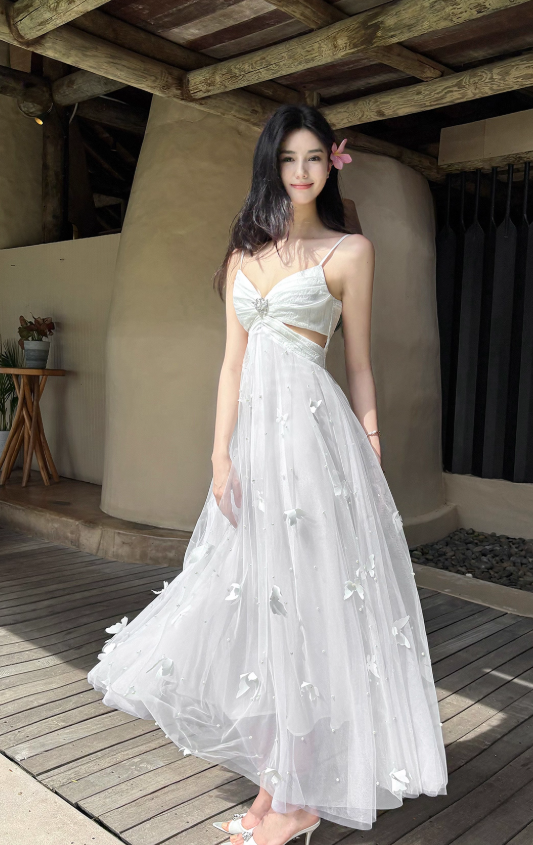 Fairytale Pearl Butterfly Tulle White  French A-Line Spaghetti Straps Birthday Dresses  ED02242