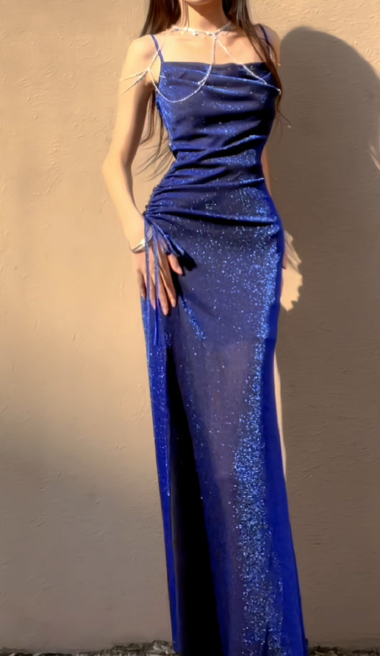 Robe sirène en soie brillante bleu nuit à col montant, luxueuse robe de fête d'anniversaire ED02243