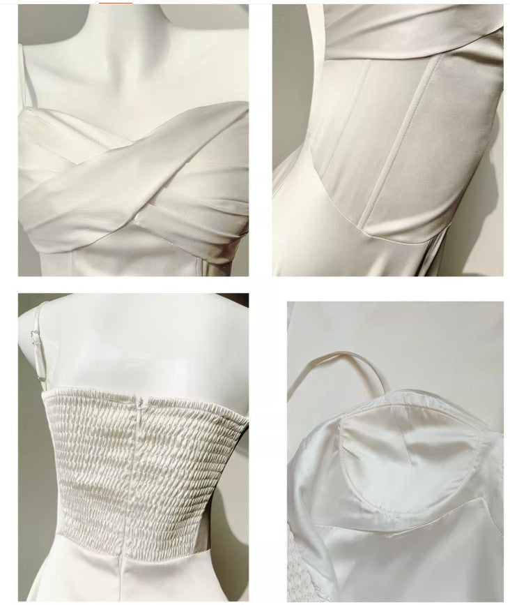 Robe de mariée trapèze en satin à bretelles fines, couleur champagne clair, élégante, pour les invités de mariage, ED02244