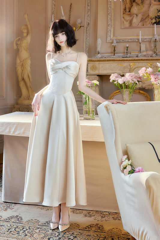 Robe de mariée trapèze en satin à bretelles fines, couleur champagne clair, élégante, pour les invités de mariage, ED02244
