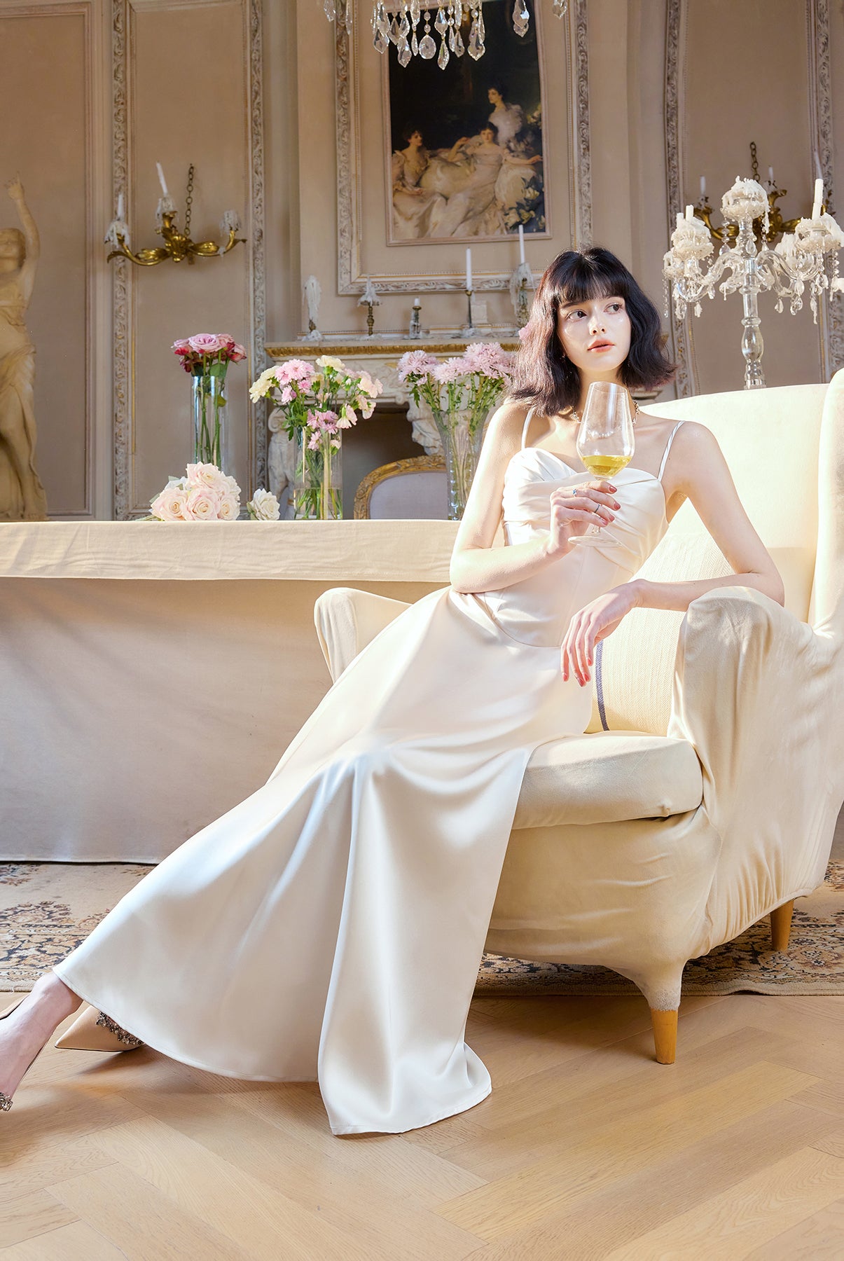 Robe de mariée trapèze en satin à bretelles fines, couleur champagne clair, élégante, pour les invités de mariage, ED02244