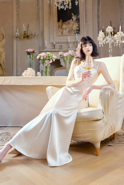 Robe de mariée trapèze en satin à bretelles fines, couleur champagne clair, élégante, pour les invités de mariage, ED02244