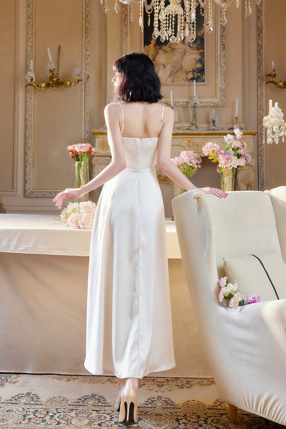 Robe de mariée trapèze en satin à bretelles fines, couleur champagne clair, élégante, pour les invités de mariage, ED02244