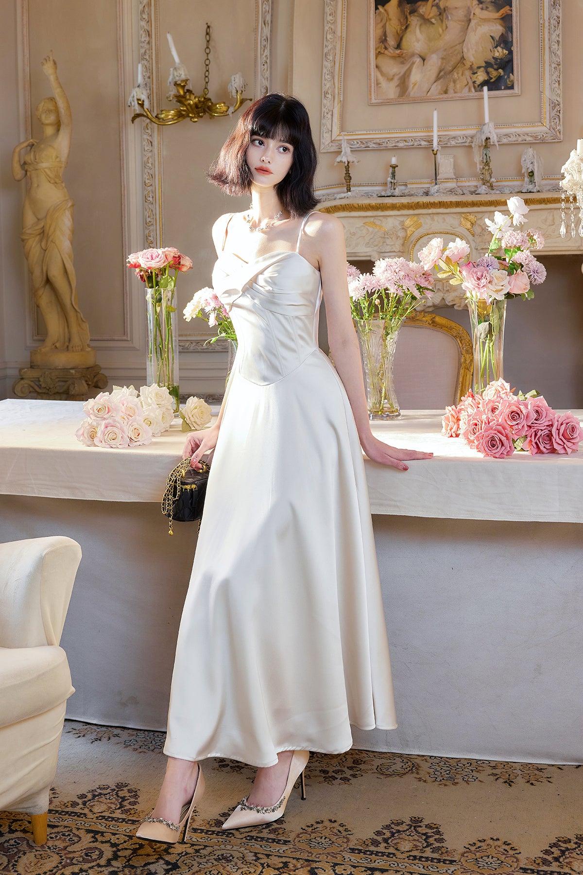 Robe de mariée trapèze en satin à bretelles fines, couleur champagne clair, élégante, pour les invités de mariage, ED02244