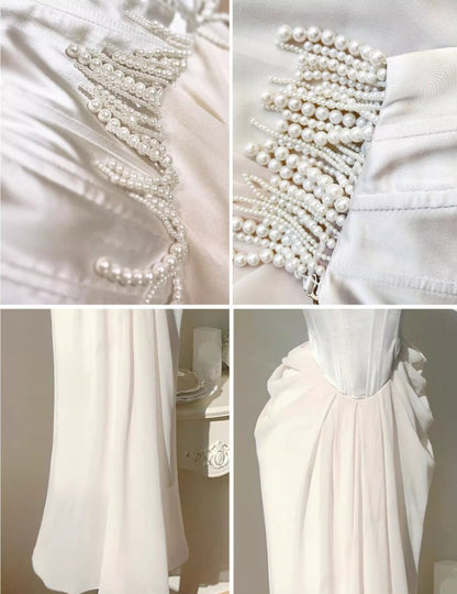 Light Champagne French Pearl Pendant Party Dress Satin Spaghetti Straps Chiffon Birthday Dress ED02245
