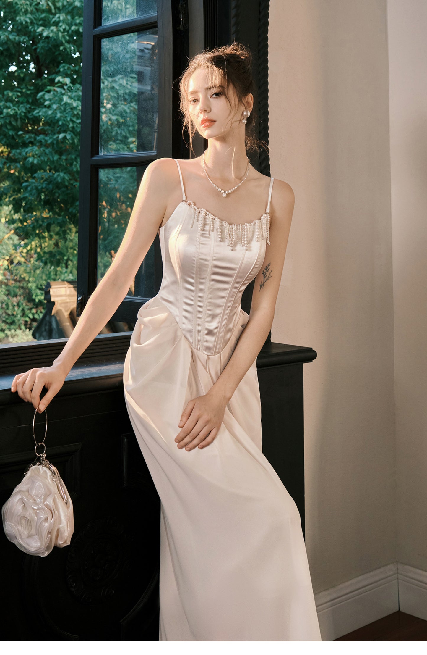 Light Champagne French Pearl Pendant Party Dress Satin Spaghetti Straps Chiffon Birthday Dress ED02245