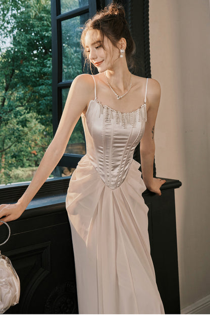 Light Champagne French Pearl Pendant Party Dress Satin Spaghetti Straps Chiffon Birthday Dress ED02245