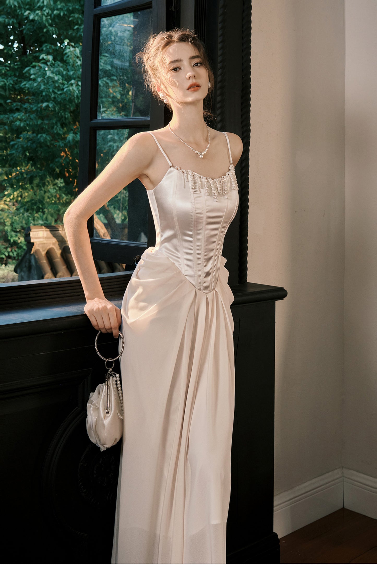Light Champagne French Pearl Pendant Party Dress Satin Spaghetti Straps Chiffon Birthday Dress ED02245