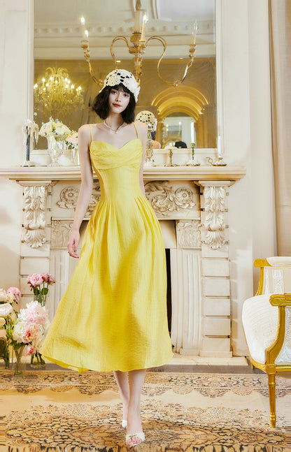 Sweet Butter Gelbes A-Linien-Geburtstagskleid mit Spaghettiträgern, elegantes rückenfreies Partykleid ED02246