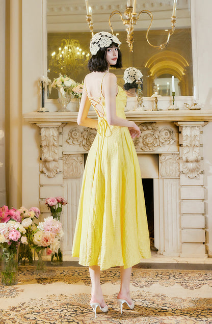 Sweet Butter Gelbes A-Linien-Geburtstagskleid mit Spaghettiträgern, elegantes rückenfreies Partykleid ED02246