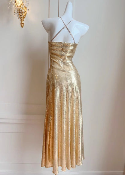Elegantes Abendkleid in A-Linie mit goldenen Pailletten und Spaghettiträgern, rückenfrei, funkelnd, für Geburtstagspartys, ED02247
