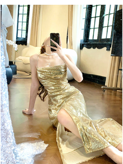 Elegantes Abendkleid in A-Linie mit goldenen Pailletten und Spaghettiträgern, rückenfrei, funkelnd, für Geburtstagspartys, ED02247