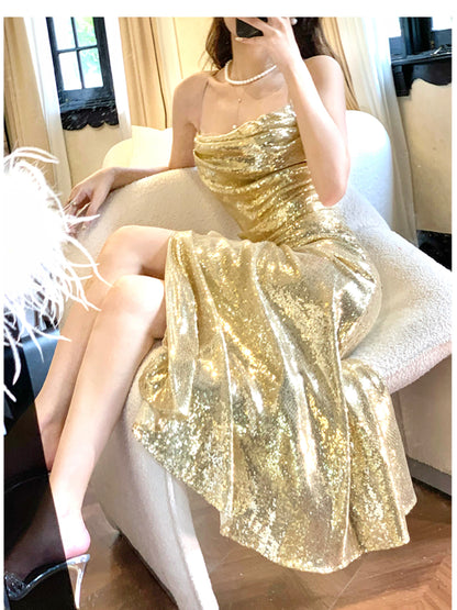 Elegantes Abendkleid in A-Linie mit goldenen Pailletten und Spaghettiträgern, rückenfrei, funkelnd, für Geburtstagspartys, ED02247