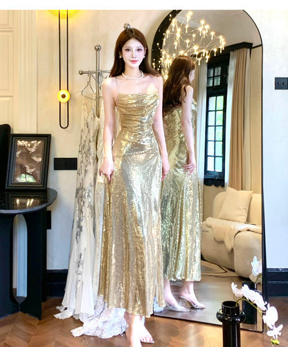 Elegantes Abendkleid in A-Linie mit goldenen Pailletten und Spaghettiträgern, rückenfrei, funkelnd, für Geburtstagspartys, ED02247