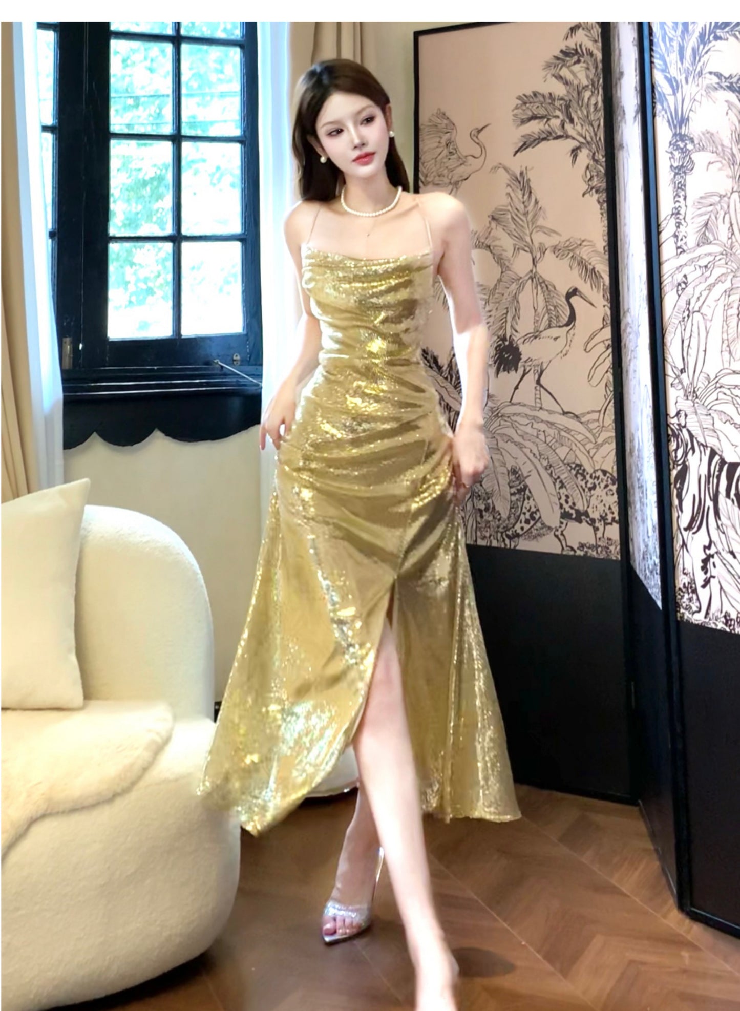 Elegantes Abendkleid in A-Linie mit goldenen Pailletten und Spaghettiträgern, rückenfrei, funkelnd, für Geburtstagspartys, ED02247