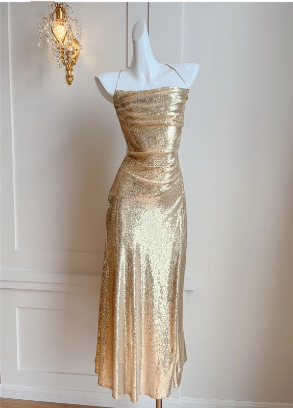 Elegantes Abendkleid in A-Linie mit goldenen Pailletten und Spaghettiträgern, rückenfrei, funkelnd, für Geburtstagspartys, ED02247