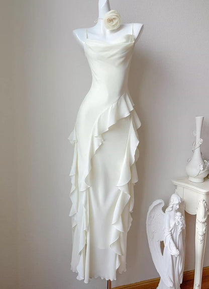 Robe de soirée d'anniversaire élégante, blanc cassé, bretelles spaghetti, mousseline à volants, coupe trapèze, ED02248